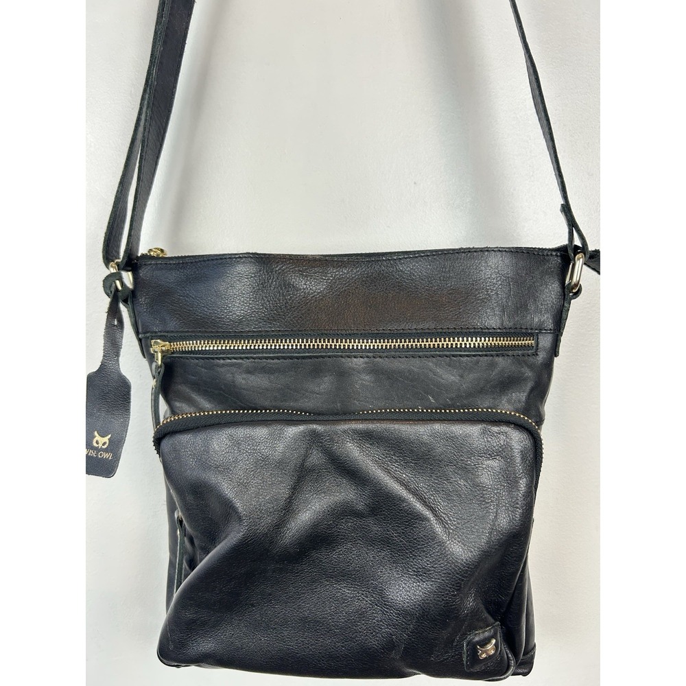 Wise Owl Genuine Leather Crossbody Handbag Purse Women Black Nappa Old Money